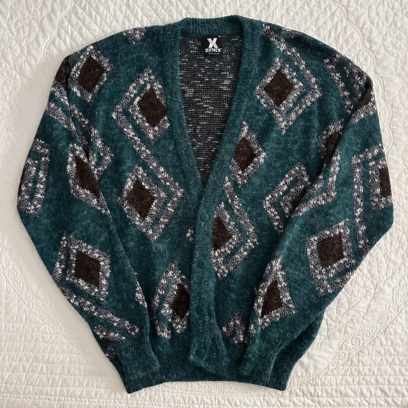 XSTATX Vintage 80s Cardigan Sweater USA Geometric Graphic Teal XL - Picture 1 of 8